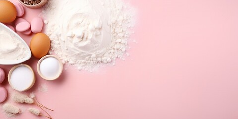 Fototapeta premium Bright pastel pink Background with ingredients for home baking decorated with copy space for text, flat lay, Top view : Generative AI