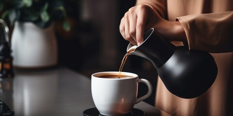 Close up of woman pouring coffee into cup from french press : Generative AI - obrazy, fototapety, plakaty