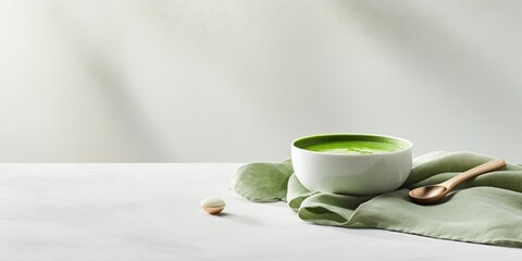 Empty green soup bowl with tablecloth and spoon on white marble table : Generative AI - obrazy, fototapety, plakaty
