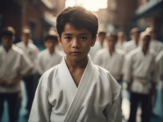 Fototapeten portrait of small asian karate boy in kimono, other students blurred in the background. © abu