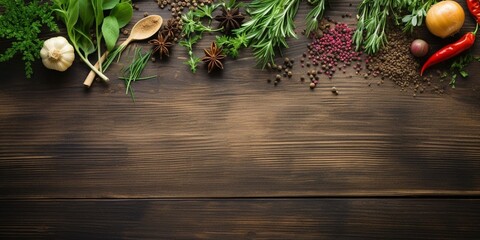 Fresh herbs and spices on wooden table. Top view with copy space : Generative AI
