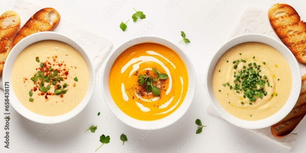 Poster flat-lay of creamy homemade soup in plates with bread slices over white plain table background, top 