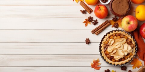 Selection of homemade autumn pies. Pumpkin, apple and pecan. Above view corner border on a white wood background with copy space. : Generative AI