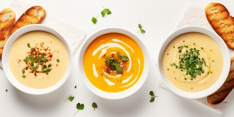 Flat-lay of creamy homemade soup in plates with bread slices over white plain table background, top view, copy space. Autumn Winter creamy vegan soups, vegetarian food menu, comfort fo : Generative AI - obrazy, fototapety, plakaty