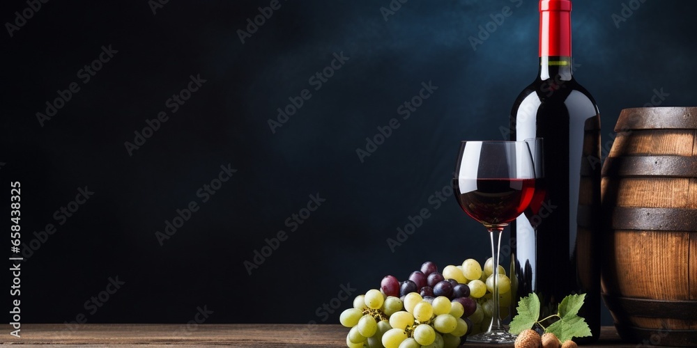 Aufkleber wine bottle with red wine, wineglass and grapes on old wooden barrel in front of blue background wit