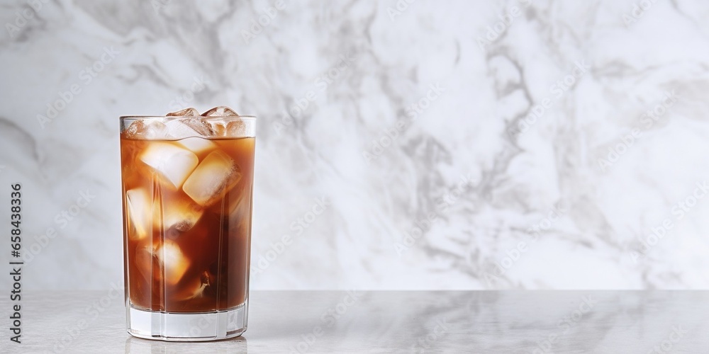 Poster iced cocoa in clear glass on marble, copy space for your text : generative ai