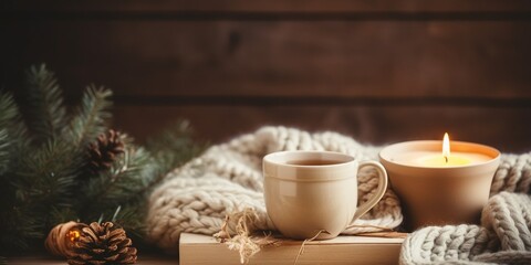 Obraz na płótnie Canvas Cozy winter morning at home. Hot tea in cup, knitted plaid, gifts, candles, christmas tree and modern interior details. Winter Flat lay, cozy still life composition, hygge, menu : Generative AI