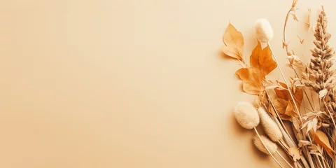 Foto op Canvas Natural dried flower on beige background. Minimal bohemian flat lay background with dried flower arrangement and copy space. Organic design. Pastel colors. : Generative AI © Generative AI