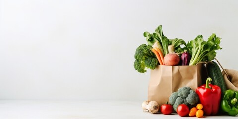 Healthy food background. Healthy vegan vegetarian food in paper bag vegetables and fruits on white, copy space, banner. Shopping food supermarket and clean vegan eating concept. : Generative AI - obrazy, fototapety, plakaty