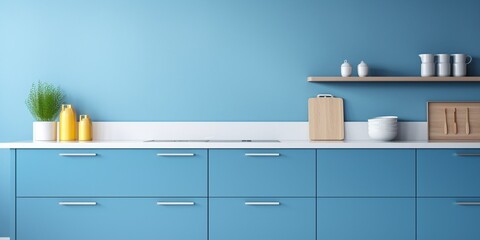 Front view of well-organized modern kitchen with blue wooden facade on cabinet. new furniture with drawers and shelves. a lot of kitchenware and decor elements in room : Generative AI
