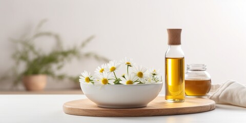 Bowl with chamomile flowers and bottle of essential oil on light background : Generative AI - obrazy, fototapety, plakaty