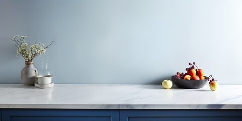 Copy space on white stone marble table top in modern minimalistic kitchen. empty countertop for cooking and eating food. blue furniture with provence decor in stylish interior. : Generative AI - obrazy, fototapety, plakaty