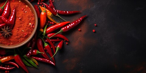 Chili peppers various ingredient: fresh hot peppers, dry, chili flakes, spicy oil on dark background copy space. Spicy condiment. : Generative AI