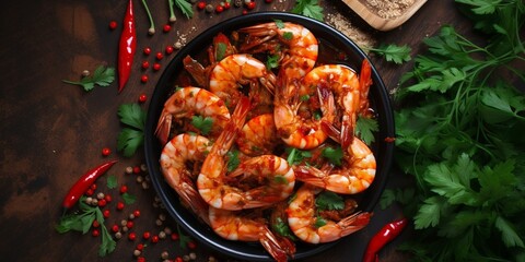 shrimp spicy prawn seafood meal vegetarian food pescetarian diet Asian Cooking snack copy space food background rustic. top view : Generative AI - obrazy, fototapety, plakaty