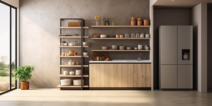 Interior of modern kitchen with shelves : Generative AI