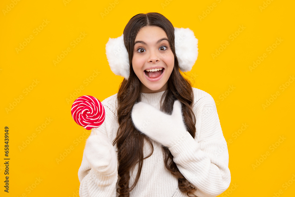 Canvas Prints teenage girl with lollipop, child eating sugar lollipops, kids sweets candy shop. excited teenager g