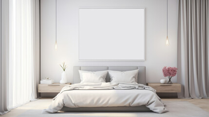 Mock up poster in white minimalistic bedroom, 3d render