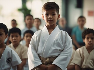 Portrait of an American karate child in kimono, blurry background.

