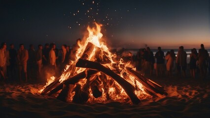 silhouettes of people having fun around a bonfire, sitting and watching the sunset