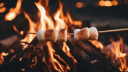 Papier Peint photo Feu marshmallows toasting on a stick over a campfire