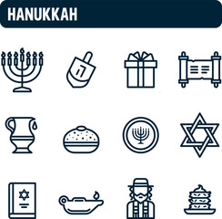 Hanukkah icons. Festival of Lights vector set. Outline icon design. Festival of Lamps. Jewish holiday