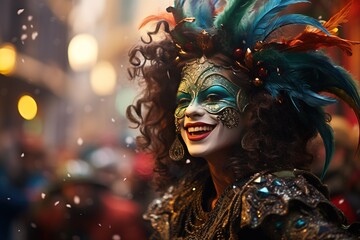 Obraz premium A person wearing a mask for Mardi Gras, Carnival Delights: Mardi Gras Celebrations, Festive Parades, Masks and Merriment, Joyful Revelry