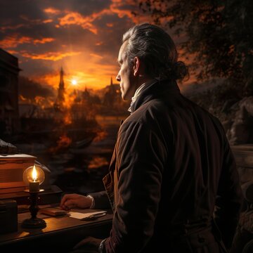 man contemplating at 18th century desk in evening nature