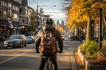 Naklejka premium Go green campaign: Environmentally aware person commuting with bicycle to work through city