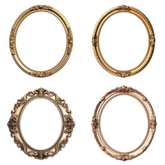 Four Vintage oval round photo frames isolated over transparent background Baroque Victorian ornate border frame. Royal interior luxury decor frame mock up for photo, picture, art, painting, 