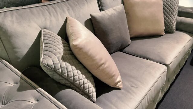 Grey velvet sofa with pillows in a furniture store
