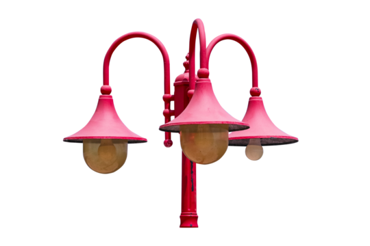 Vintage lamp post side street. Old red lamp isolated on cut out PNG. Roadside lighting is necessary for road traffic day and night. Suitable for installation in area that require lighting.