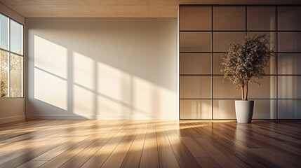 Minimalist modern indoor room with glass, blank walls, and wooden details, creating a harmonious, stylish space