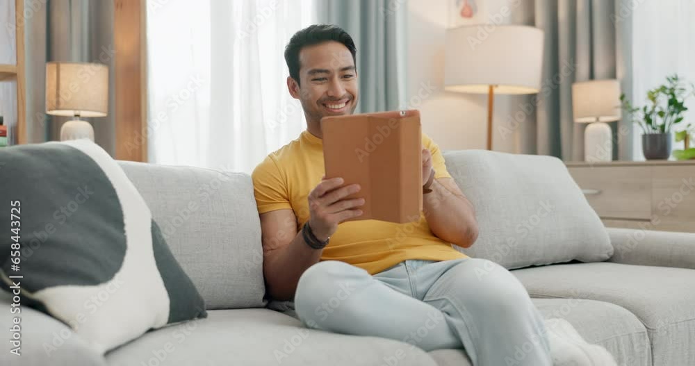 Poster man, sofa and tablet for home video streaming, social media and relax with internet connection in li