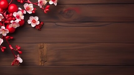 Floral decoration on wooden background. Top view flat lay with copy space. Perfect for spring themed designs, or any project that needs a touch of natural elegance.