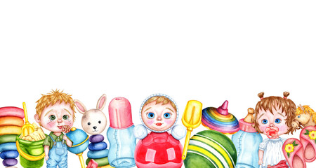 Obraz na płótnie Canvas Watercolor illustration of children's toys frame below. Isolated. Patterns for fabric textile baby clothes, wallpaper, wrapping paper, packaging, design, invitation, card, sticker