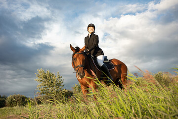 Horsewoman in equestrian sports gear, riding a horse, against an expressive sky, horseback riding in the open air - 658444780