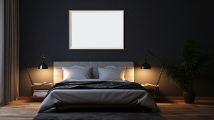 Mock up poster in dark black minimalistic bedroom, 3d render