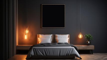 Mock up poster in dark black minimalistic bedroom, 3d render