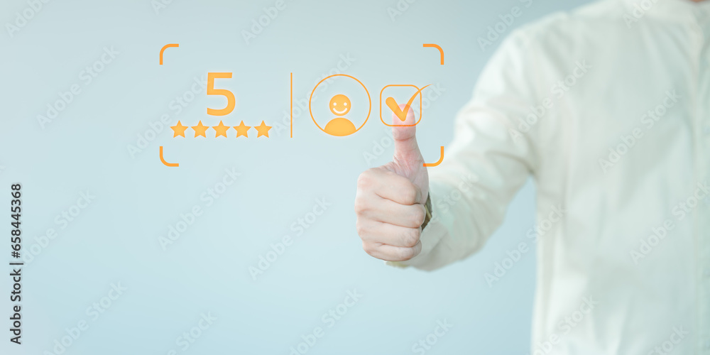 Poster member hand touch virtual screen on smile face icon to give satisfaction in opinion on online applic