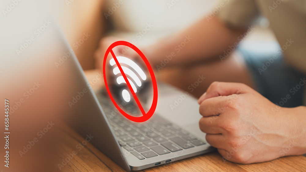 Poster Technology concept of wifi connected but no internet. Man using a laptop computer to connect to wifi but wifi not connected or password is incorrect and waiting to loading digital data form website.
