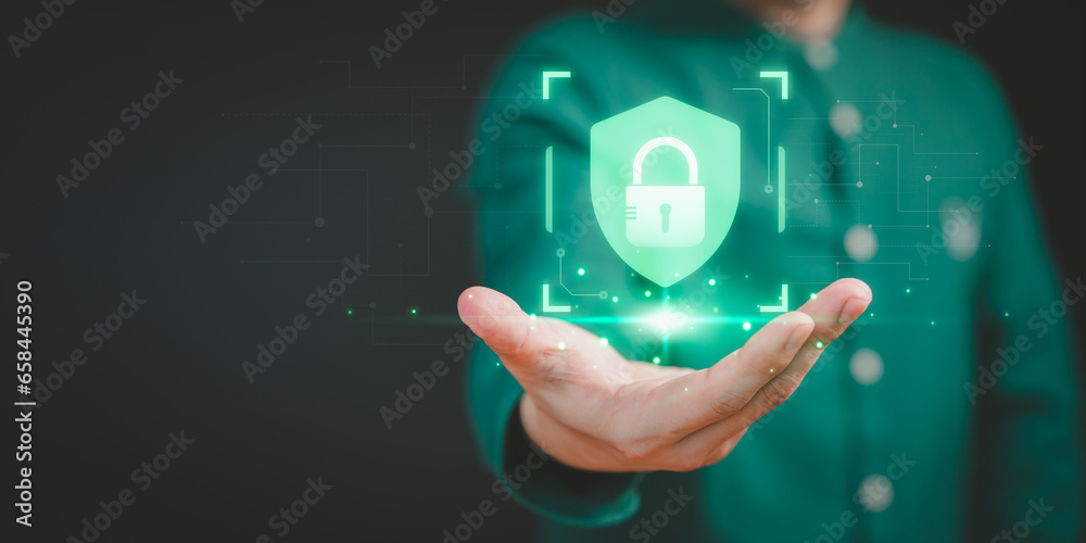 Poster Man show on hand with cybersecurity and privacy icon for security protection system. Lock icon and internet network security technology. User protecting personal data, virtual screen interface.