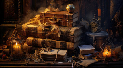 Enchanting, mystical fantasy storybook-style desk adorned with treasures, books, candles, and a working atmosphere