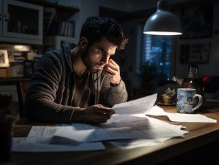 Fotografía de un joven sentado junto a una mesa mientras mira unos documentos en su salón por la noche - obrazy, fototapety, plakaty
