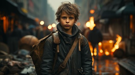 A young poor boy walking on a city street with a backpack