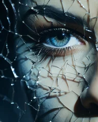 Foto op Plexiglas A woman's face in shattered glass or mirror reflection. Generative AI.  © Elle Arden 