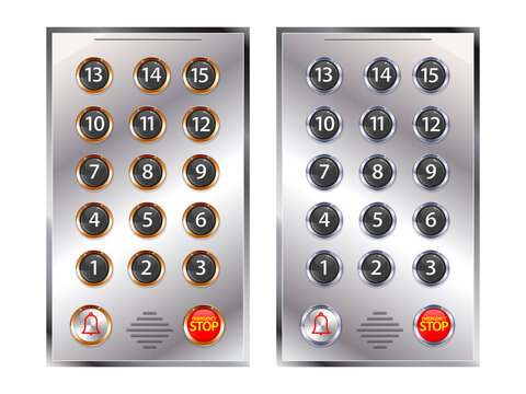 set of realistic elevators buttons with chrome metal door. 3D Render