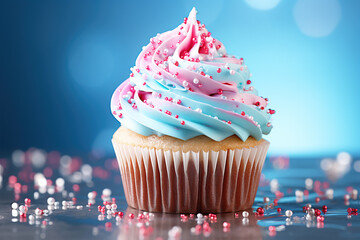 Blue and pink cupcake party food with sprinkles.