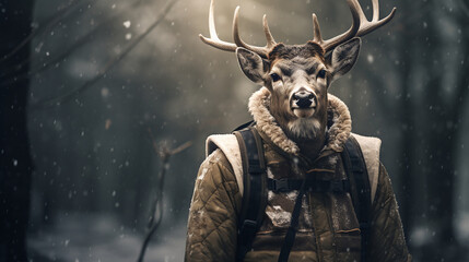 a deer, wearing a vest, walking out in the snow, in the style of digital manipulation, close-up shots.