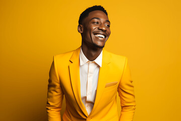 Handsome Young Black Man, Smiling And Laughing, Wearing A Bright Yellow Suit Against A Yellow Background