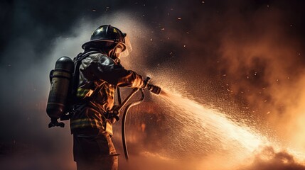 Obraz premium Brave firefighters use a fire extinguisher and water from a hose to extinguish a large fire.